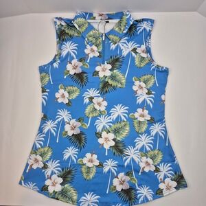 Fkeep Golf Polo Women's M Sleeveless Tropical Floral Palm Trees Print Top‎ NWT